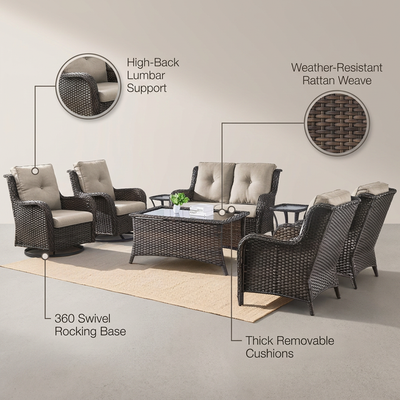 8 Pieces Patio Furniture Sets with Swivel Rocking Chairs,High-Back Rattan Patio Outdoor Conversation Set with 2-Seat Sofa & Coffee Table for Porch Deck Backyard Poolside