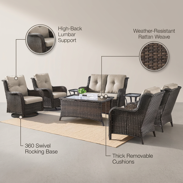 8 Pieces Patio Furniture Sets with Swivel Rocking Chairs,High-Back Rattan Patio Outdoor Conversation Set with 2-Seat Sofa & Coffee Table for Porch Deck Backyard Poolside — Lifestyle