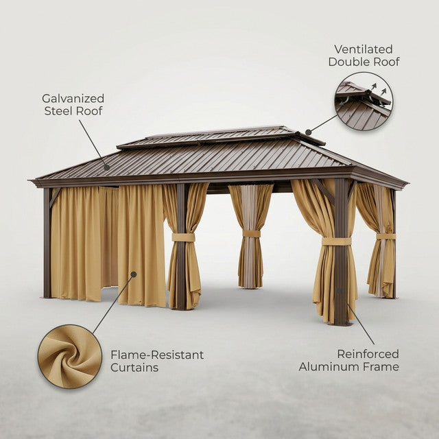 12×20 Hardtop Gazebo with Metal Roof, Heavy Duty Galvanized Steel Gazebo with Reinforced Aluminum Frame, Flame-Resistant Curtain — Lifestyle