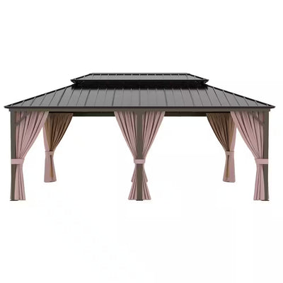 12 Ft. X 20 Ft. Brown Extra-Large Hardtop Patio Gazebo with Double Roof, with Breathable Netting and Privacy Sidewalls