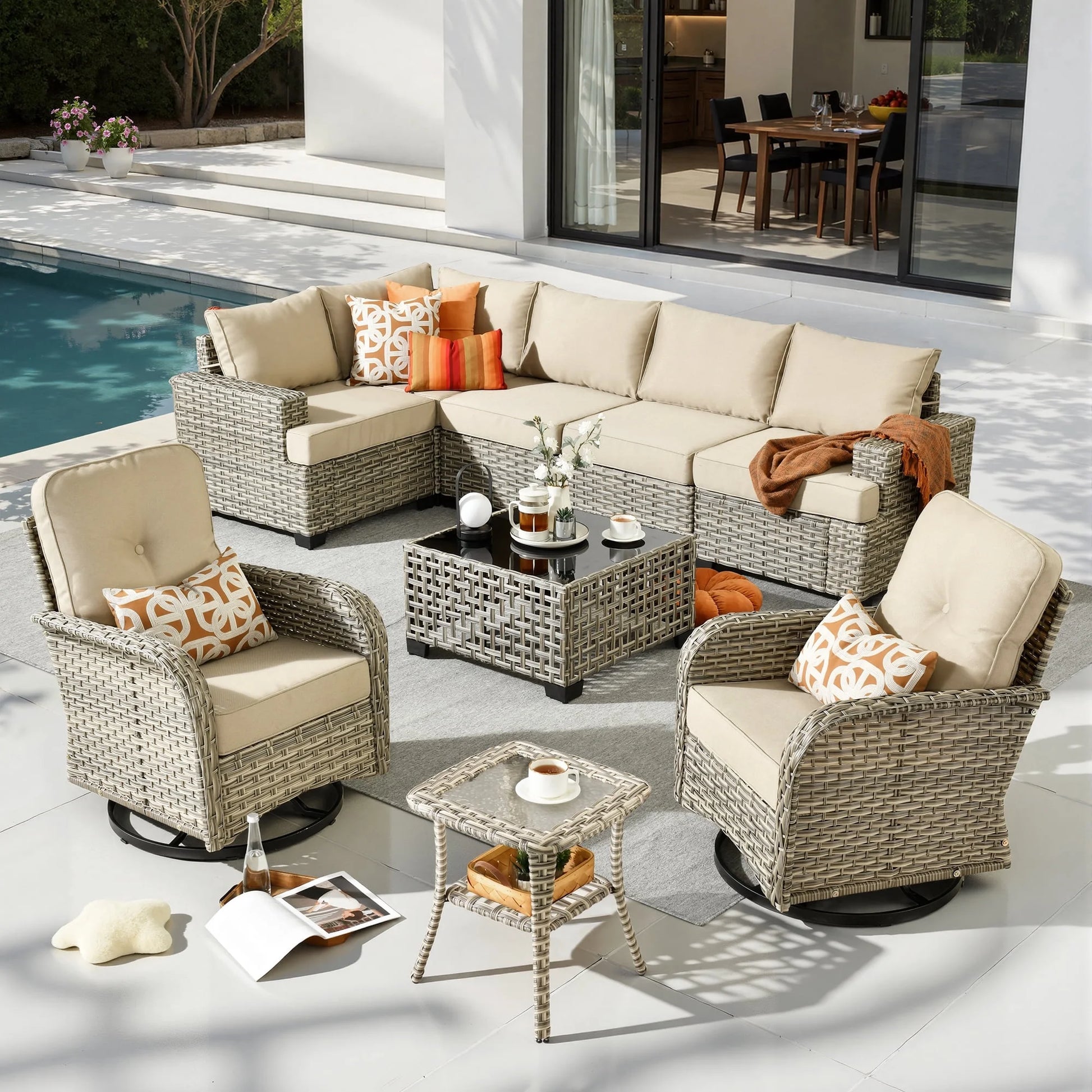 9 Pieces Patio Furniture Set outside Furniture Wicker Patio Conversation Set with Swivel Chairs, Outdoor Furniture for Garden, Beige